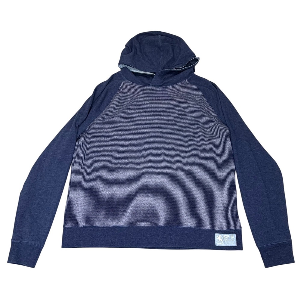 Express Mens XL Blue Striped Raglan Hoodie Pullover Sweatshirt Terrycloth